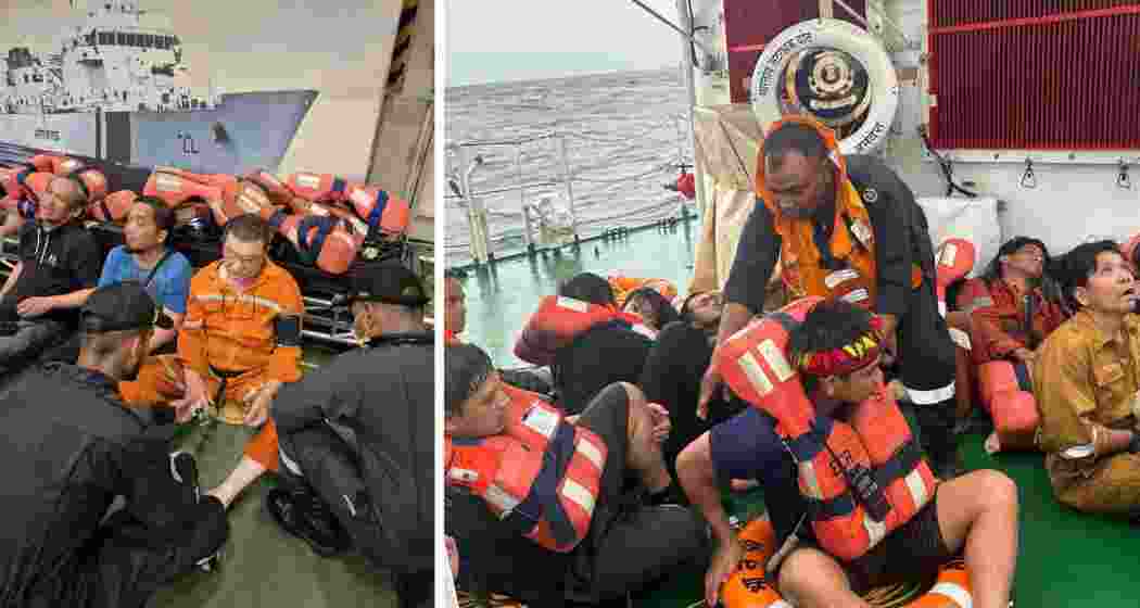 Rescued crew members of MSC ELSA 3 being tended to after a successful joint operation by the Indian Coast Guard and Navy following the vessel’s capsizing off the Kochi coast.