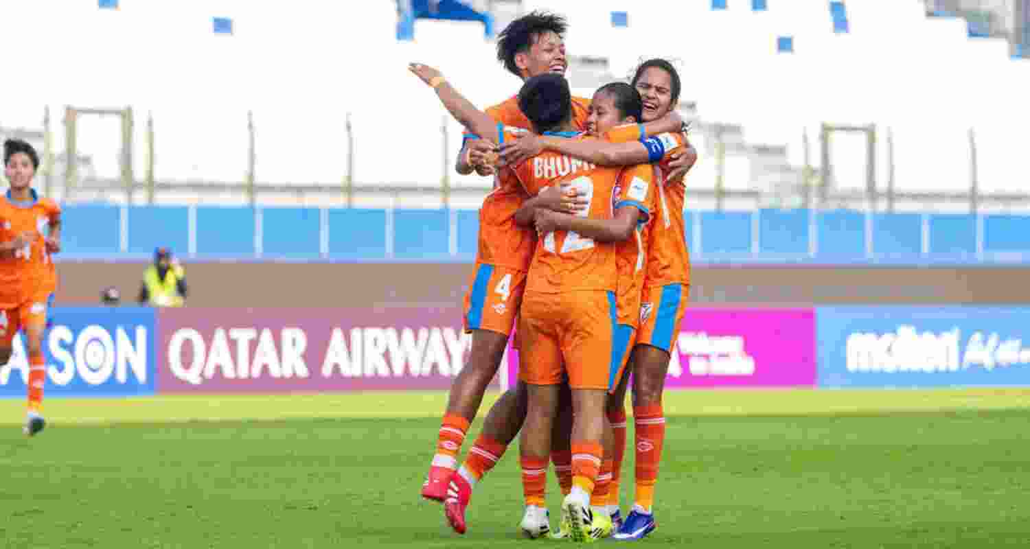 Indian players celebrating a goal against Chinese Taipei.