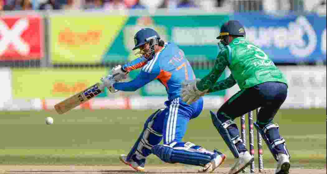India's Tilak Varma plays a shot during his 55-run knock against Ireland in the second T20I.