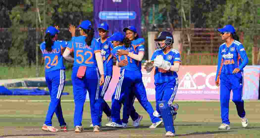 Indian players celebrate a dominant 46-run victory over Bangladesh A to retain the Rising Stars title in Bangkok on Sunday.