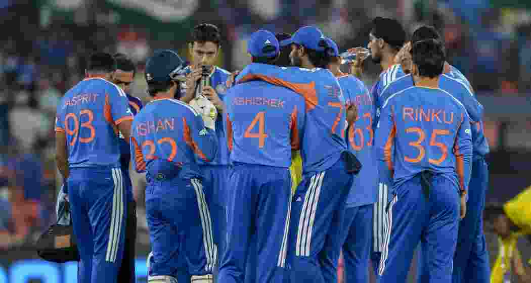 India players celebrate a wicket during the match against Netherlands.