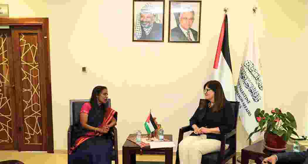 External Affairs Ministry Secretary Sripriya Ranganathan meets Palestinian Foreign Minister Varsen Aghabekian Shahin during her official visit to Palestine.