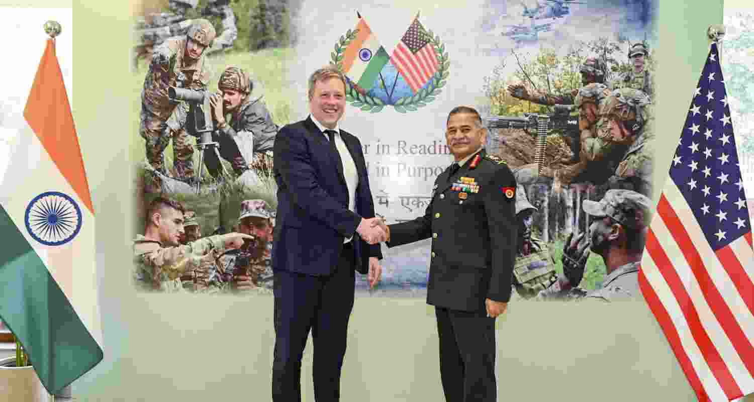 Chief of Army Staff General Upendra Dwivedi, right, meets US Secretary of the Army Daniel P Driscoll, in New Delhi. 