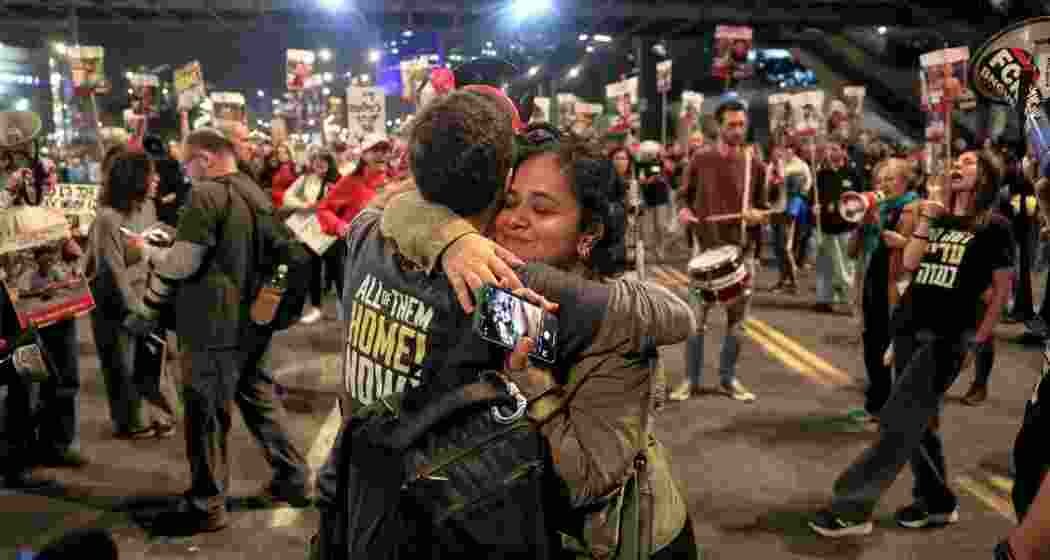 Supporters of Israeli hostages, who were kidnapped during the deadly October 7 2023 attack by Hamas, react to news on the Gaza ceasefire negotiations, during a protest to demand a deal to bring every hostage home, in Tel Aviv, Israel, January 15, 2025.