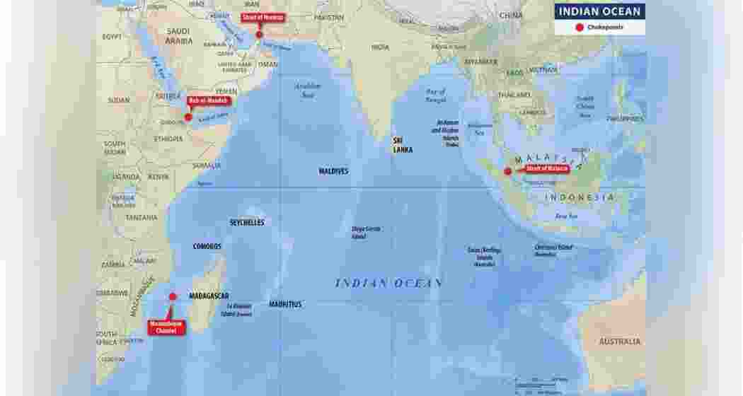 A detailed map of the Indian Ocean Region, highlighting key chokepoints such as the Strait of Hormuz, the Strait of Malacca, and the Bab el-Mandeb Strait, crucial for global maritime trade routes and strategic military positioning.