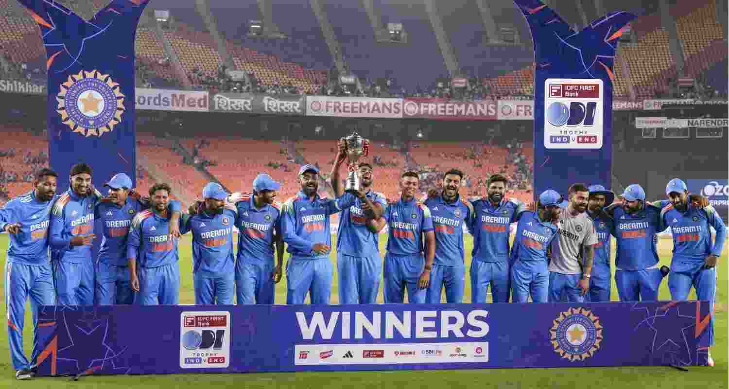 Team India celebrates a 3-0 series win against England at the Narendra Modi stadium, Ahmedabad.