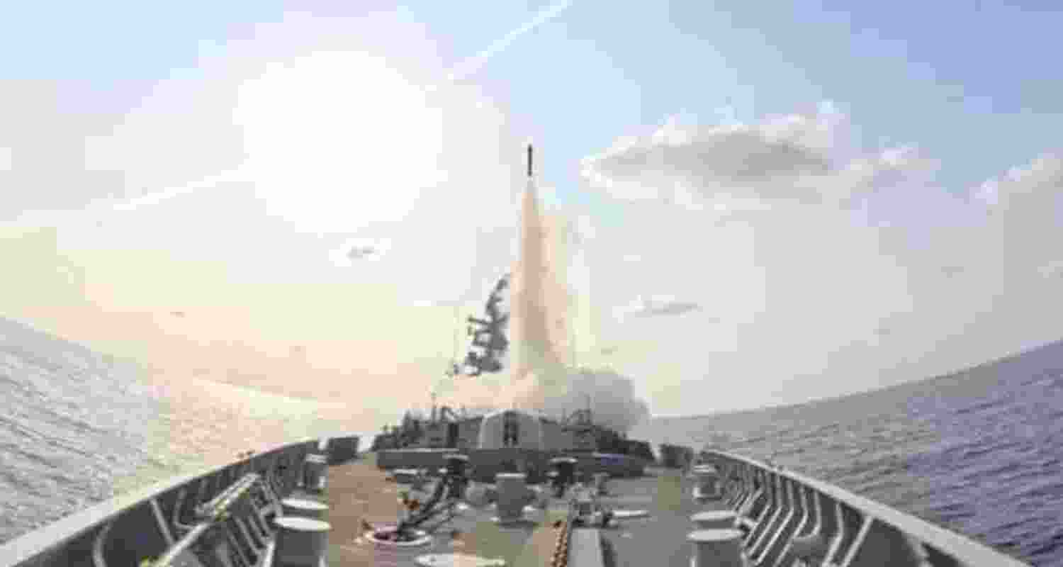 INS Surat carries out precision cooperative engagement of a sea-skimming target.