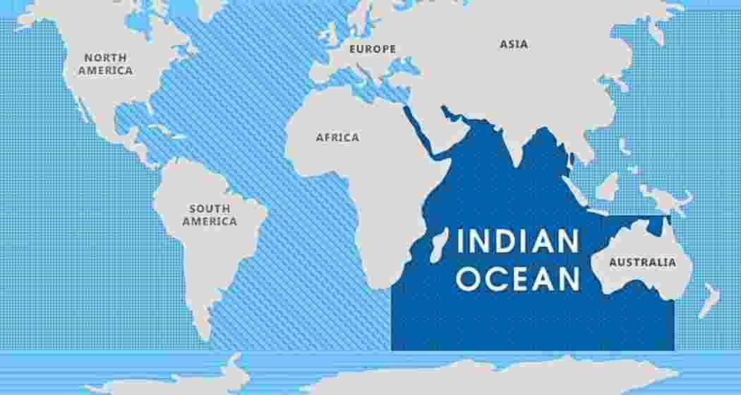 Map highlighting the Indian Ocean region, delineating its boundaries and emphasising its central position between Asia, Africa, and Australia.