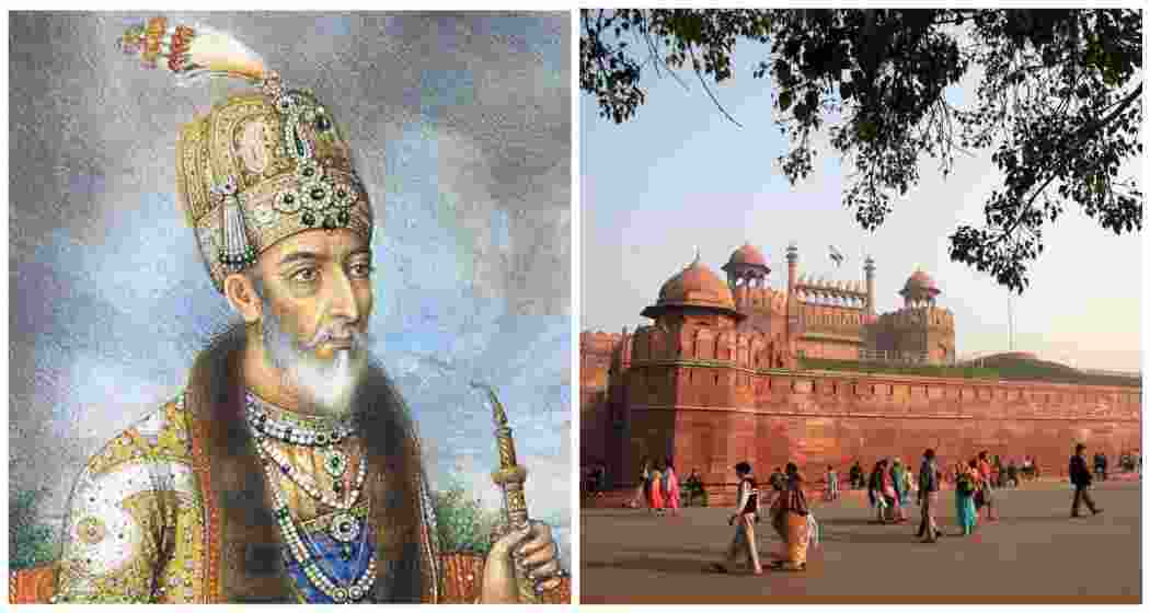 A 19th-century portrait of Bahadur Shah Zafar-II (L), the last Mughal emperor. The iconic Red Fort (R), once the royal residence, now a symbol of India's history and heritage.