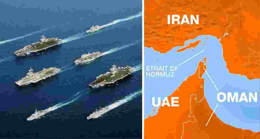 A US naval fleet (left) positioned in the Middle East waters as tensions rise, while the strategic Strait of Hormuz (right) remains under threat of closure following Iran’s retaliation warning. A US naval fleet (left) positioned in the Middle East waters as tensions rise, while the strategic Strait of Hormuz (right) remains under threat of closure following Iran’s retaliation warning.
