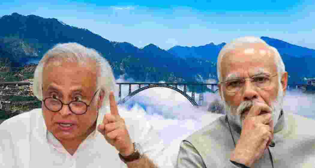 Jairam Ramesh and Prime Minister Narendra Modi with the Chenab Bridge in the background.