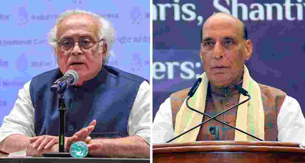 Congress leader Jairam Ramesh (L), Defence Minister Rajnath Singh (R).