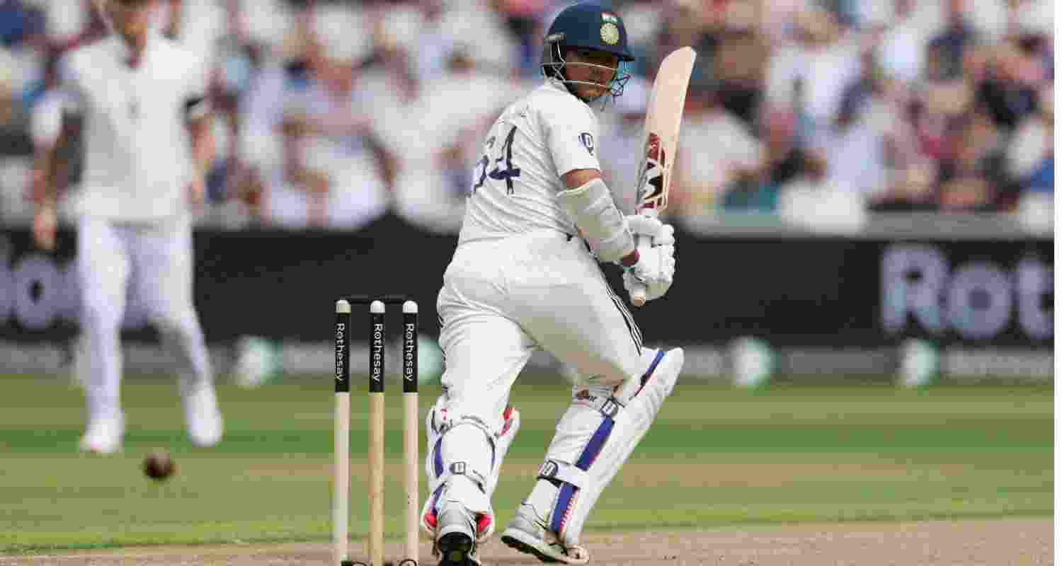 Opener Yashasvi Jaiswal flicks a delivery on the leg side on the opening day of the first Test between India and England at Birmingham on Wednesday.