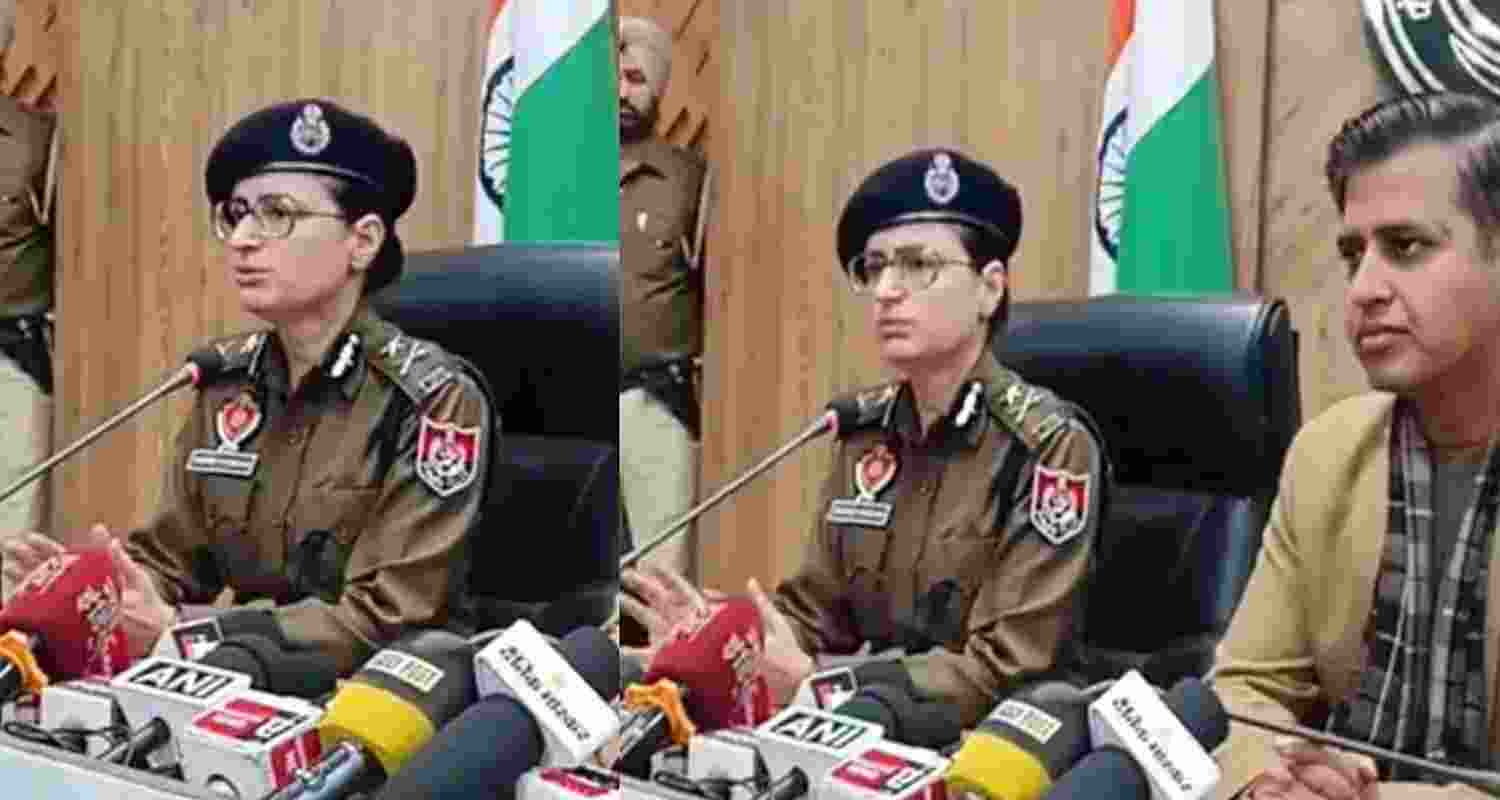 Jalandhar Police Commissioner Dhanpreet Kaur addressing a press conference after several schools in the city received a bomb threat.