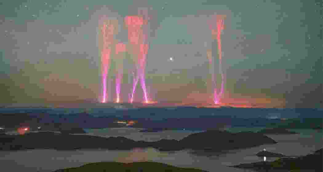 Pictured here are gigantic jets shooting up from a thunderstorm last week towards the Himalayan Mountains in China and Bhutan. This composite image captures four elongated jets that occurred just minutes apart.