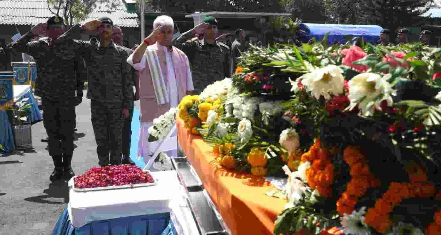 J&K LG Manoj Sinha paid tribute to Lieutenant Beereshwar Goswami, who died during an anti-terror operation in Rajouri while serving on duty.