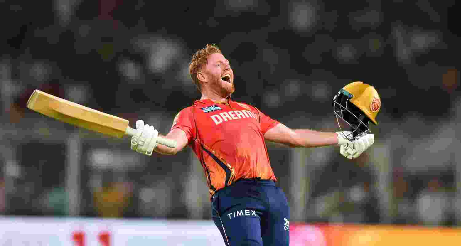 Punjab Kings' Jonny Bairstow celebrates after winning the Indian Premier League (IPL) 2024 cricket match between Kolkata Knight Riders and Punjab Kings, at the Eden Gardens, in Kolkata, Friday, April 26, 2024.