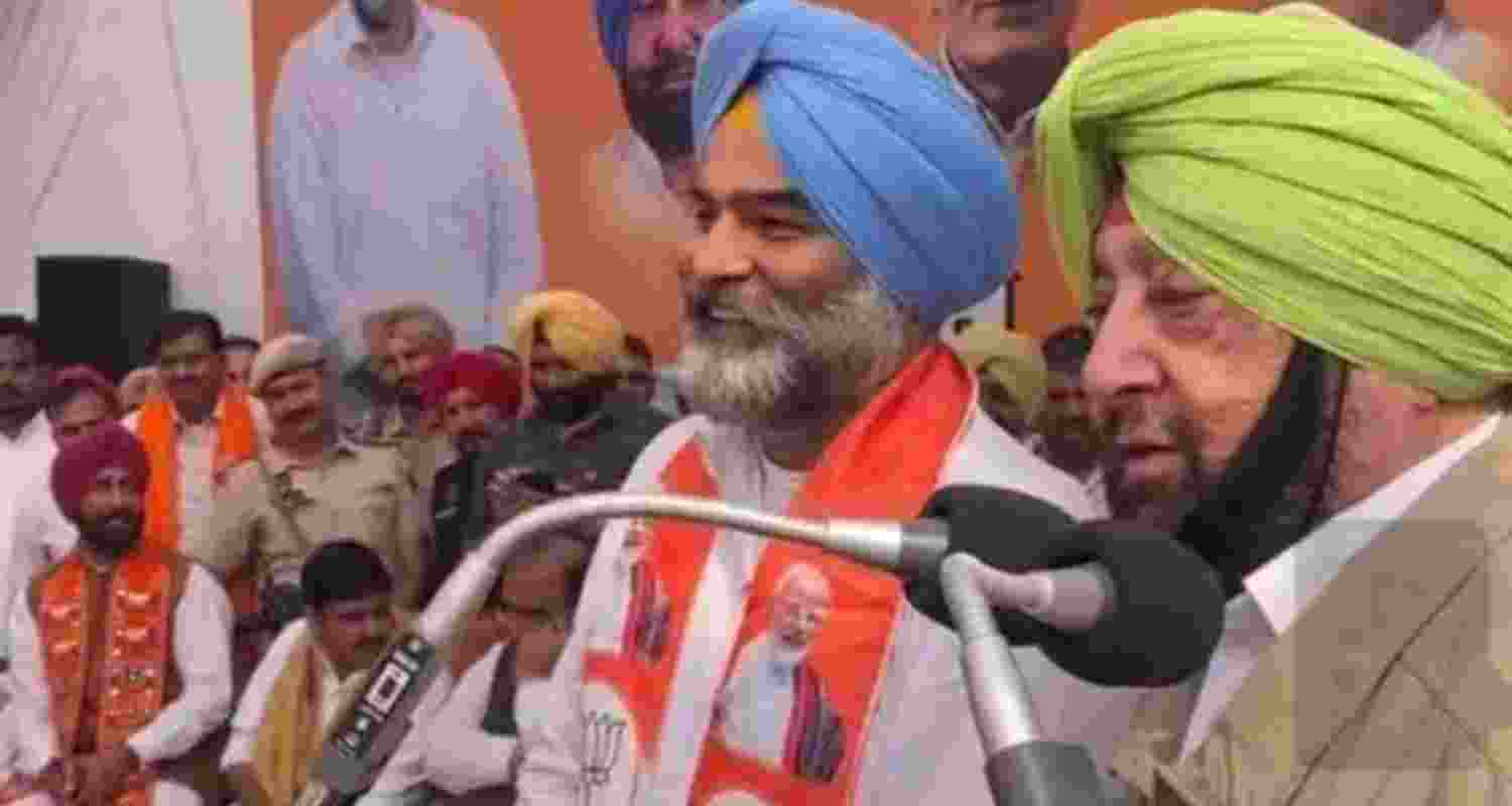 Sandeep Singh Sunny Brar after being inducted into the BJP by former Punjab chief minister Captain Amarinder Singh at a ceremony attended by senior BJP leaders on Thursday.