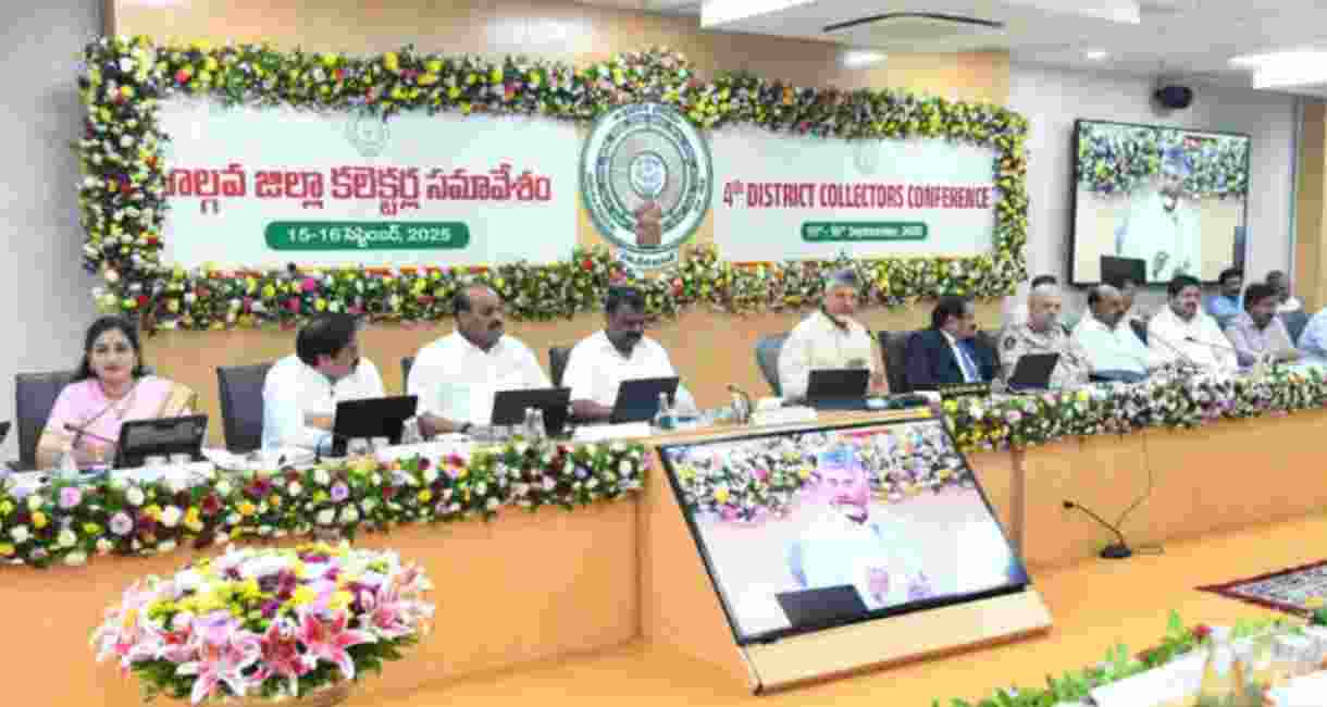Andhra Pradesh CM N Chandrababu Naidu addresses the Collectors Conference in Amaravati on Monday.
