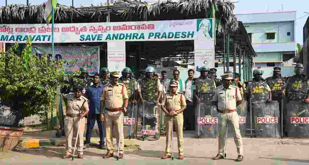 Andhra Pradesh police personnel on duty in Amaravati.

