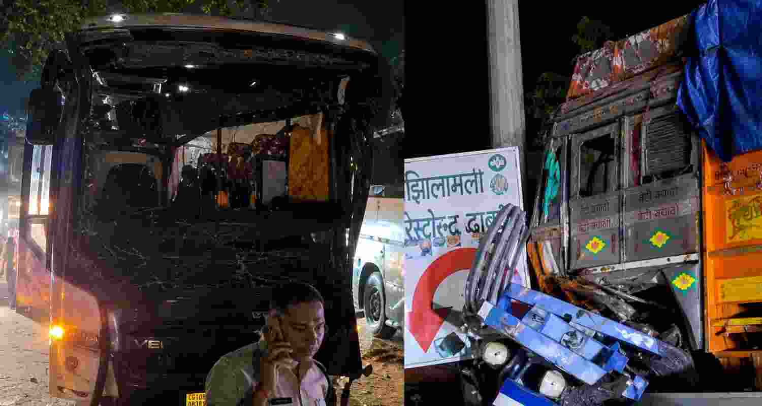 Eight people were injured after a Delhi-Manali Volvo bus crashed into a truck and tractor trolley on a highway in Haryana's Karnal district.
