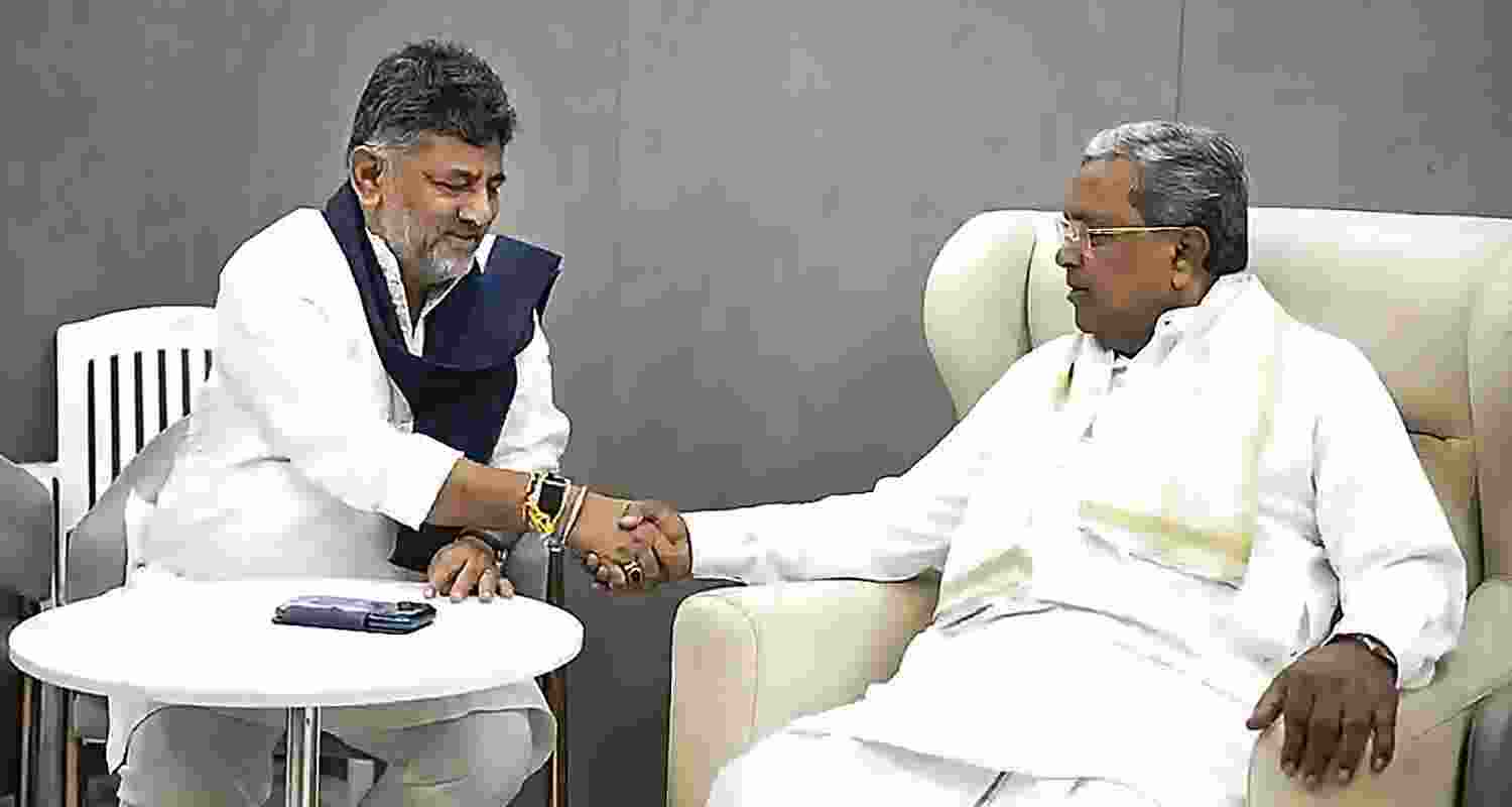 Karnataka Chief Minister Siddaramaiah during a meeting with Deputy Chief Minister DK Shivakumar, in Bengaluru.