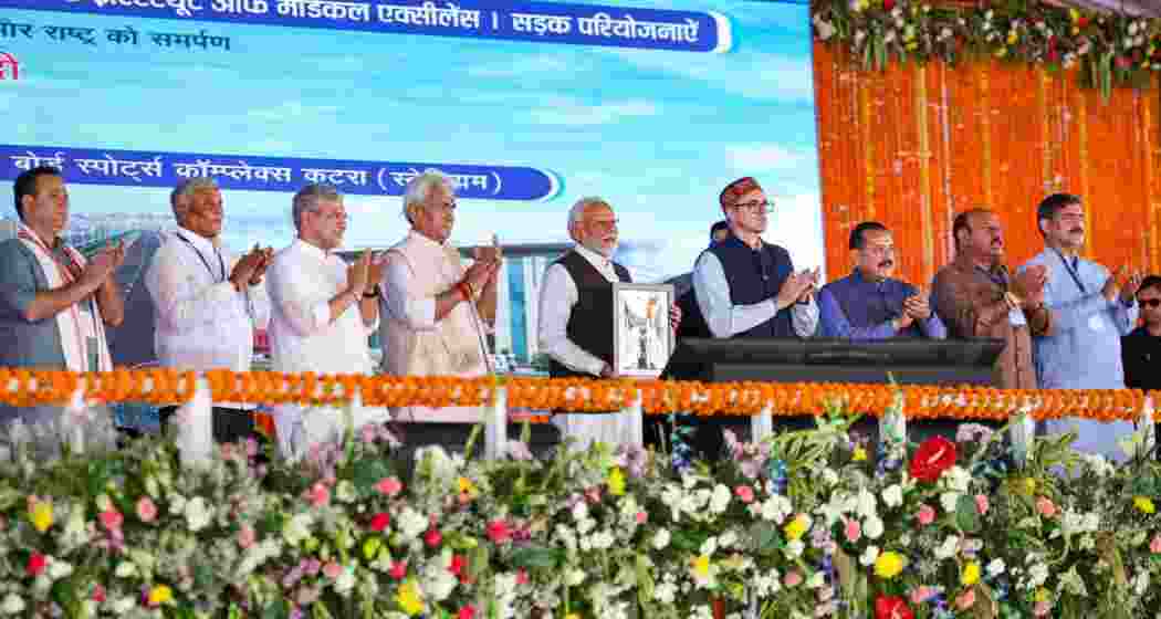 Prime Minister Narendra Modi, Jammu and Kashmir Lt. Governor Manoj Sinha, Chief Minister Omar Abdullah, Union Ministers Ashwini Vaishnaw and Jitendra Singh and others during a public rally at Katra, in Reasi district, Jammu and Kashmir.