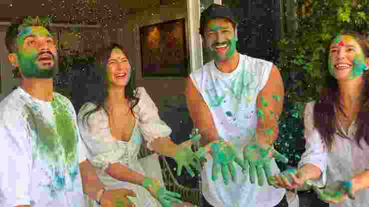 Bollywood beauty Katrina Kaif shared a video of her family, including husband Vicky Kaushal, his brother Sunny Kaushal, and her sister Isabelle Kaif wishing everyone Happy Holi.