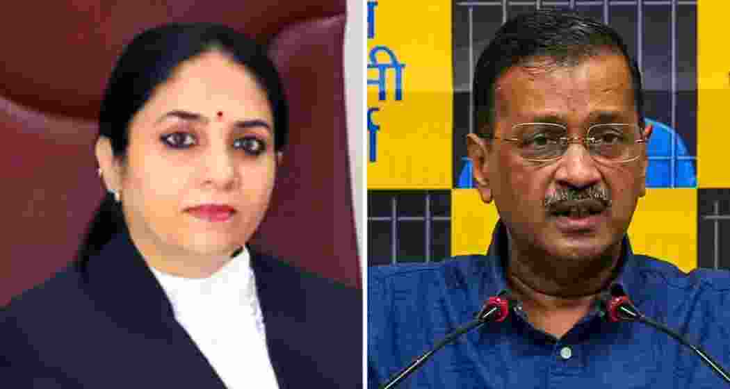 Justice Swarana Kanta Sharma (L), former Delhi Chief Minister, Arvind Kejriwal (R).