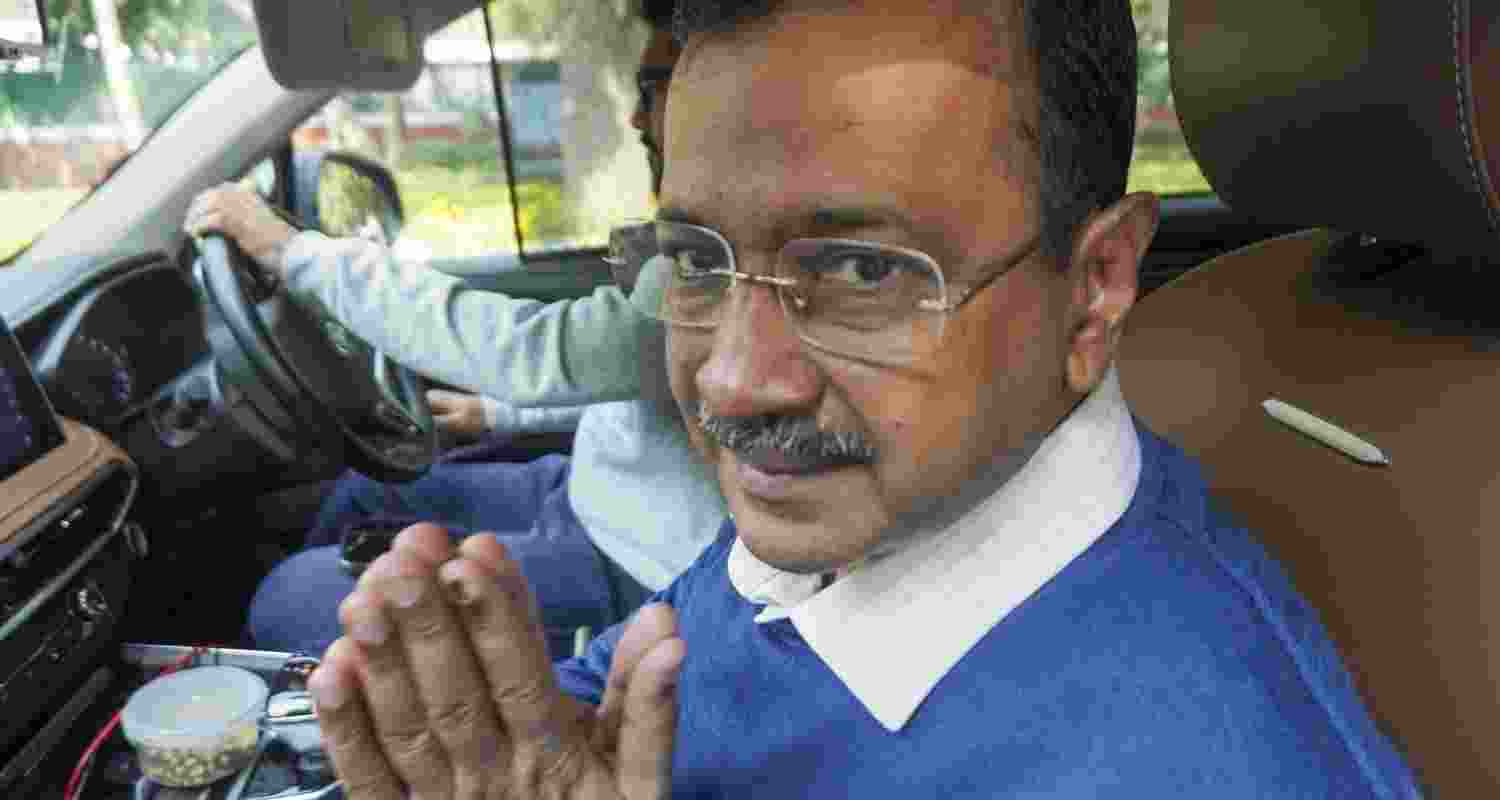 Former Delhi CM Arvind Kejriwal leaves for a meeting with Punjab MLAs at Kapurthala House in New Delhi, Tuesday.