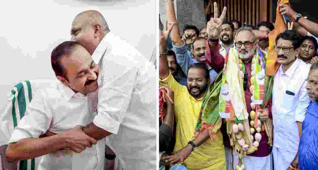 Leader of Opposition V D Satheesan celebrates his Paravur win, while BJP state chief Rajeev Chandrasekhar marks victory in Nemom during Kerala Assembly results on May 4, 2026.