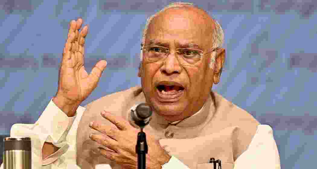 A file photo of Congress president Mallikarjun Kharge addressing media persons. 