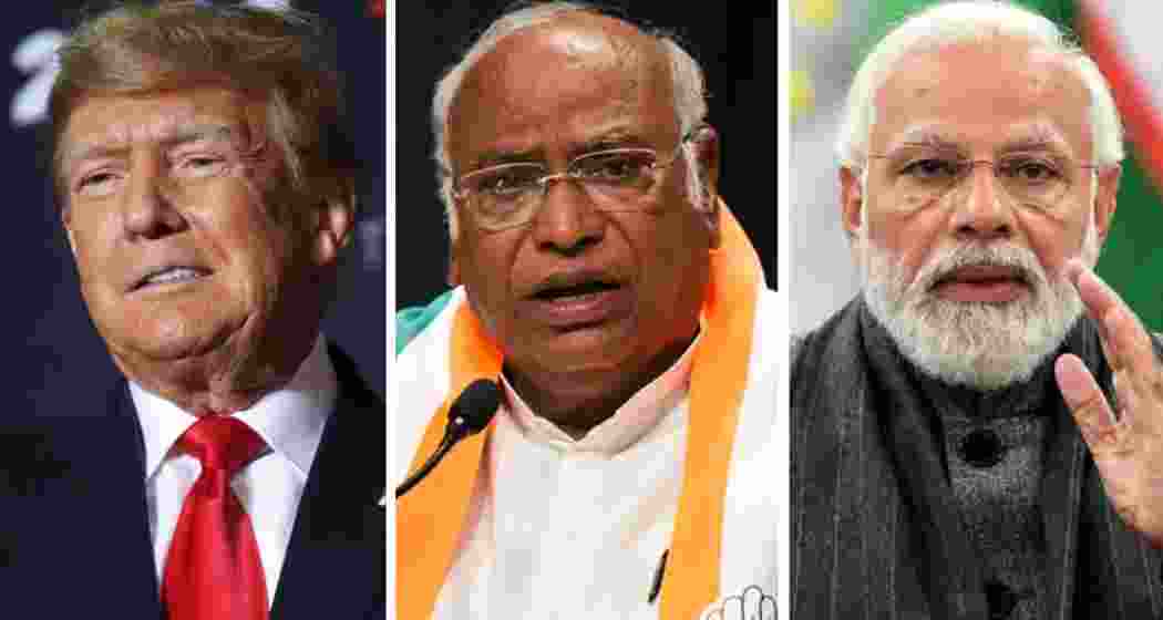 US President Donald Trump (L), Congress president Mallikarjun Kharge (C), and Prime Minister Narendra Modi (R). (File photo)