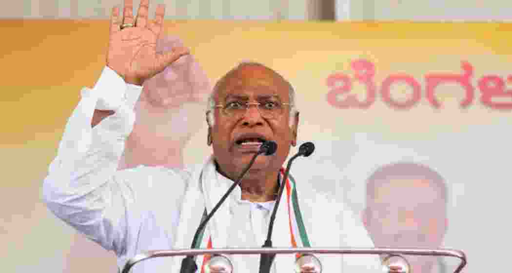 Congress president Mallikarjun Kharge addresses reporters in Bengaluru, announcing an all-party meeting on April 15 to discuss implementation of the Women’s Reservation Act ahead of Parliament’s special session.