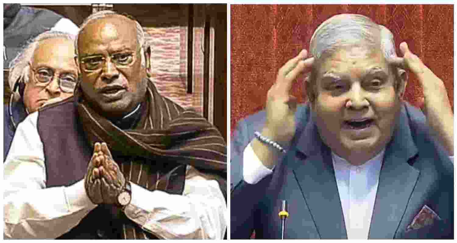 Leader of Opposition Mallikarjun Kharge (L), Rajya Sabha Chairman Jagdeep Dhankhar (R).