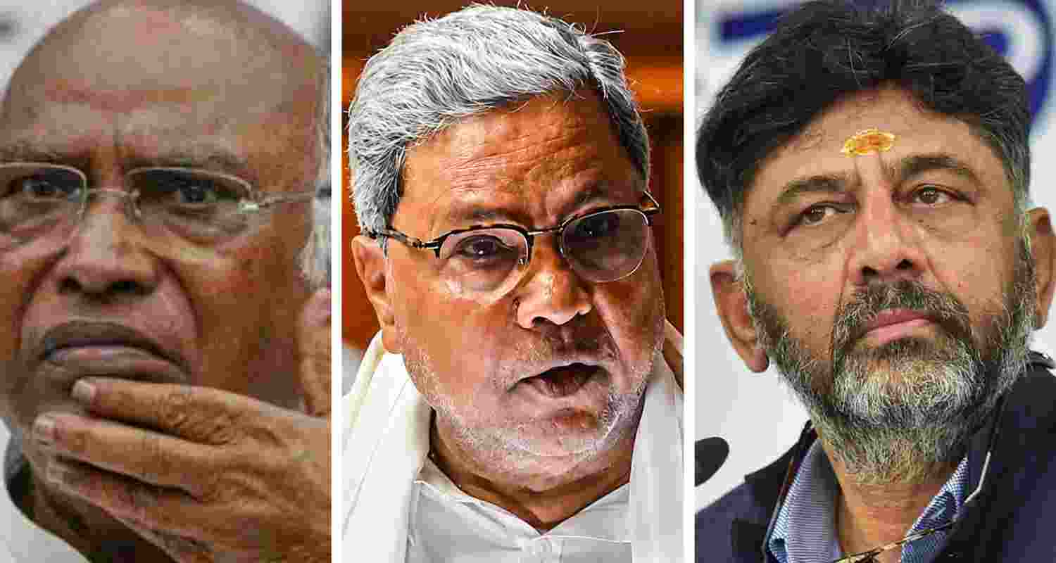 Kharge meets Siddaramaiah and Shivakumar in Bengaluru amid renewed buzz over Karnataka Congress leadership and power-sharing talks.