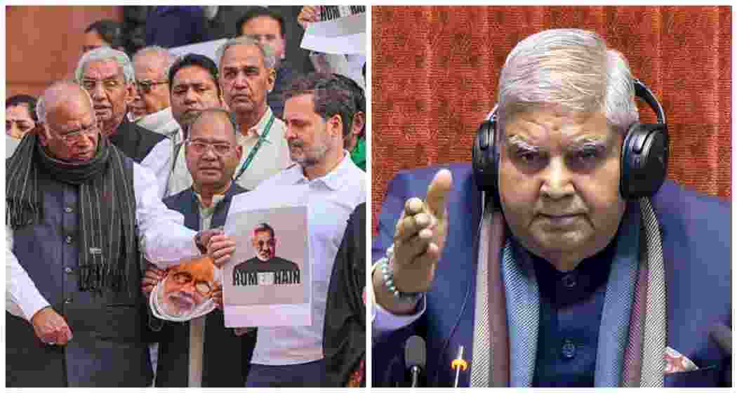LoP in the Rajya Sabha Mallikarjun Kharge with LoP in the Lok Sabha Rahul Gandhi and other opposition MPs stages a protest over the Adani issue and Manipur unrest during the Winter session of Parliament in New Delhi on Monday. Rajya Sabha Chairman Jagdeep Dhankhar conducts proceedings in the House during the Winter session of Parliament, in New Delhi on Wednesday.