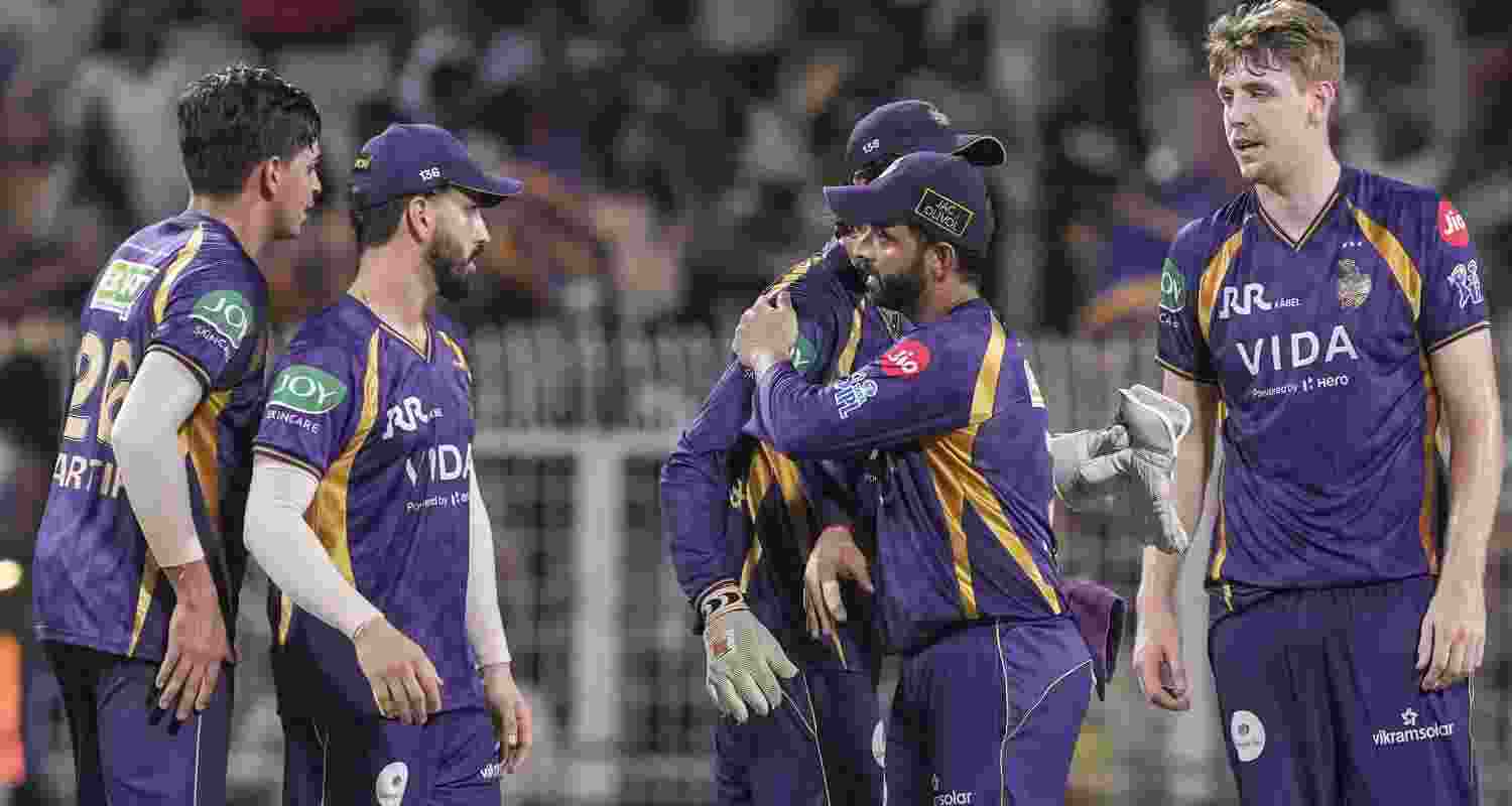 Kolkata Knight Riders' players celebrate after winning the Indian Premier League (IPL) 2026 T20 cricket match between Kolkata Knight Riders and Gujarat Titans, in Kolkata, West Bengal, Saturday, May 16, 2026.