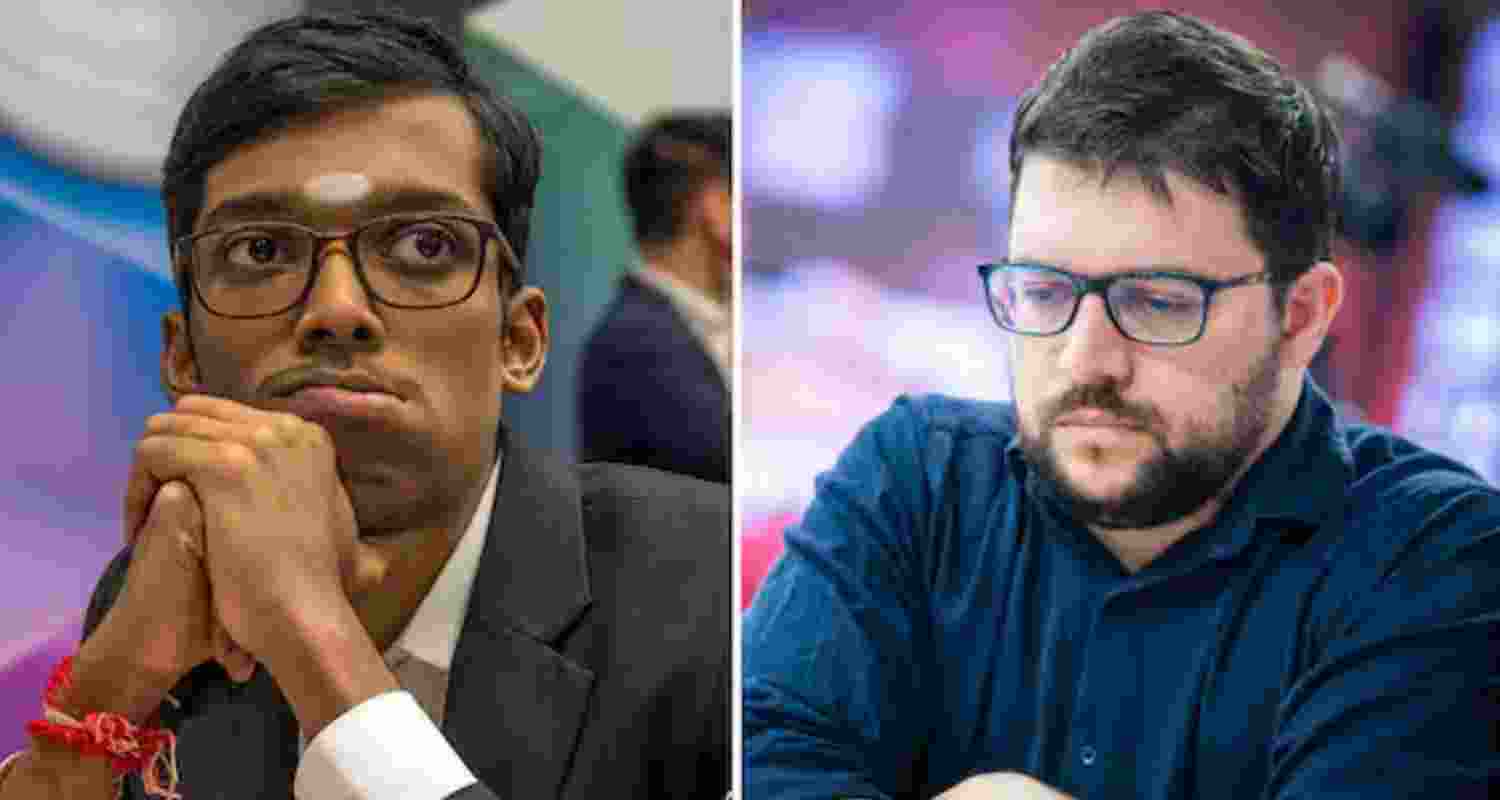 R Praggnanandhaa and (right) Maxime Vachier-Lagrave of France.