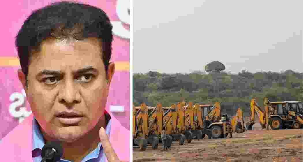 Bharat Rashtra Samithi (BRS) working president K.T. Rama Rao (L). JCBs line up to clear the Kancha Gachibowli forest stretch.