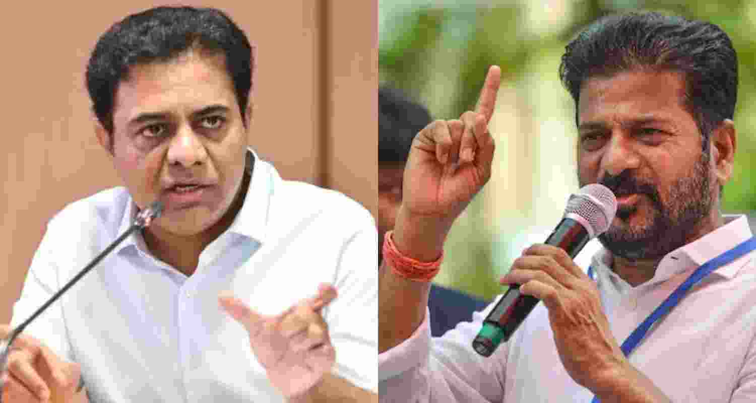 Bharat Rashtra Samithi working president KT Rama Rao (left) and Telangana Chief Minister A Revanth Reddy.