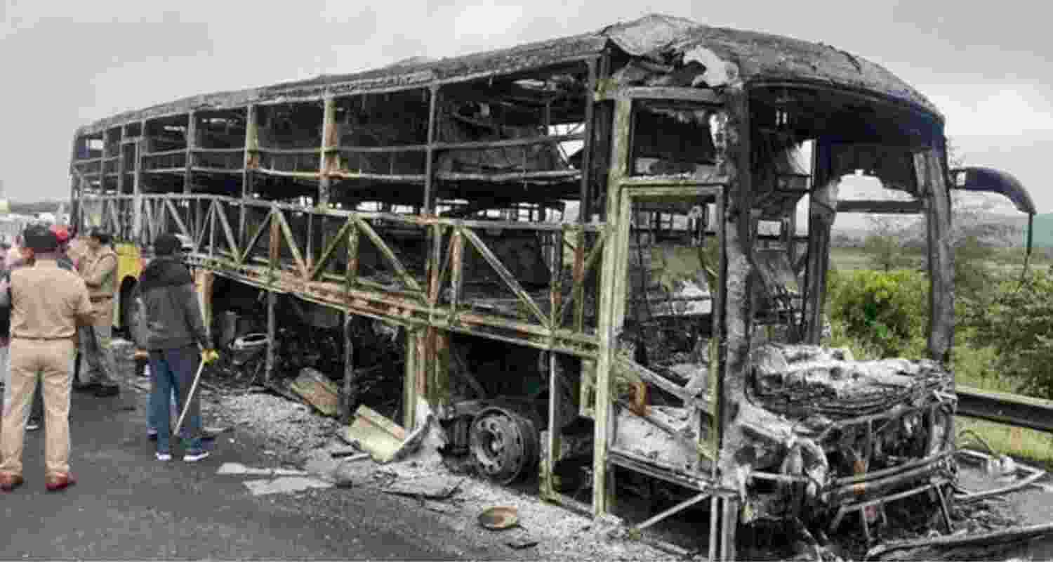 A view of the combusted bus after several people died in the tragedy, which took place near the Chinna Tekur village, in Kurnool on Friday.