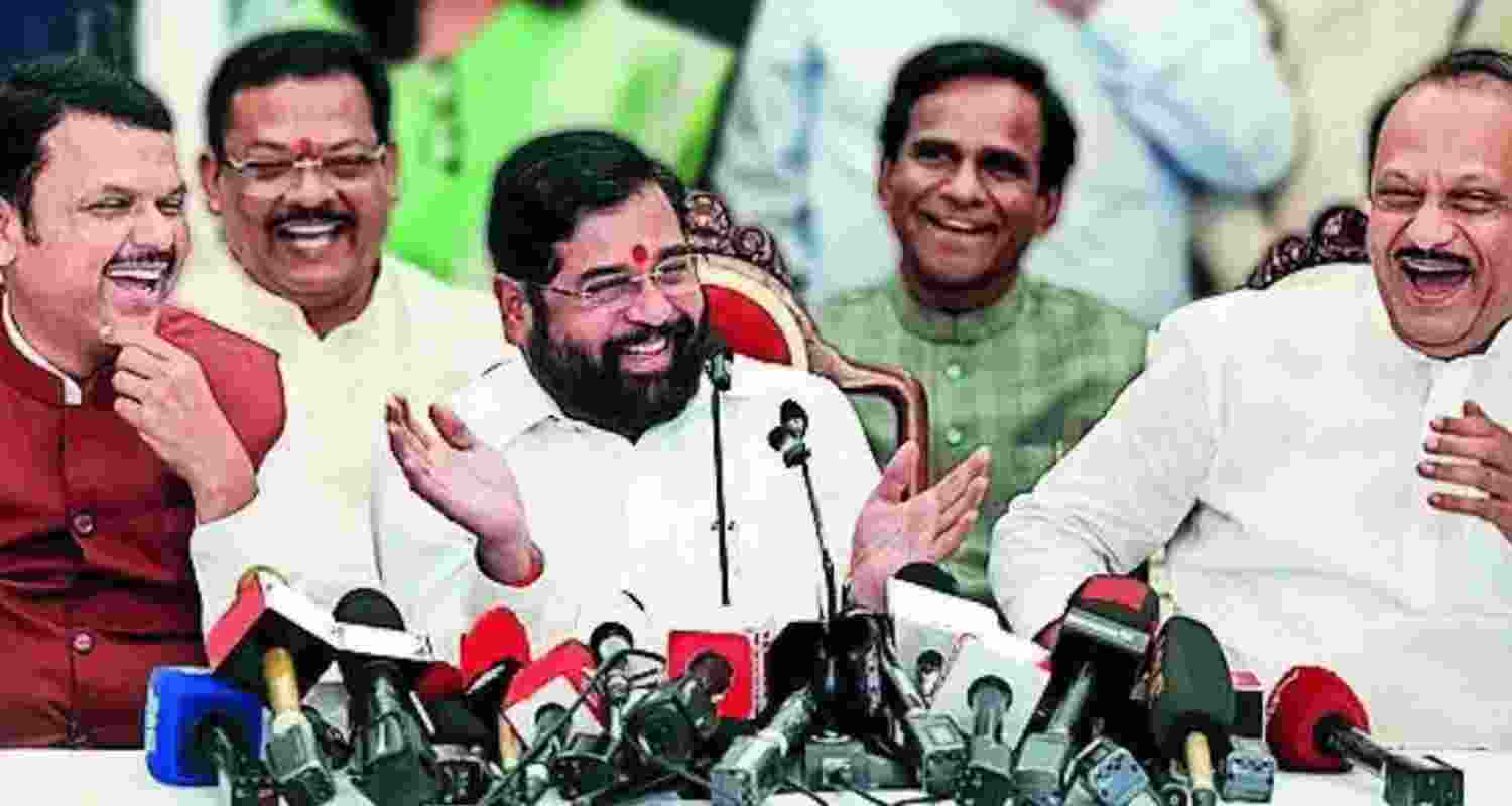 Eknath Shinde with BJP leader Devendra Fadnavis, NCP chief Ajit Pawar and other leaders at Governor house in Mumbai.