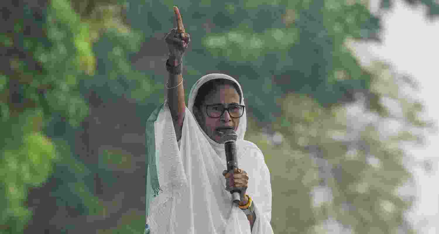 West Bengal Chief Minister Mamata Banerjee addresses a gathering on the occassion of Eid al-Fitr, at Red Road in Kolkata, West Bengal, Saturday. 