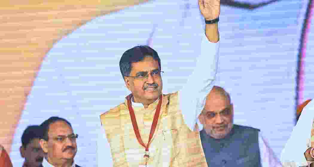 Tripura CM Manik Saha waves to supporters during a public meeting in Agartala, Tripura. (File photo)
