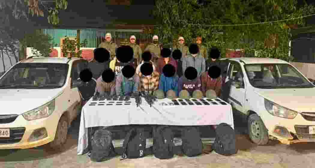 Security personnel display arms, ammunition, and explosives seized from UNLF (K) militants in Thoubal and Churachandpur districts during twin operations aimed at curbing insurgent activities in Manipur.