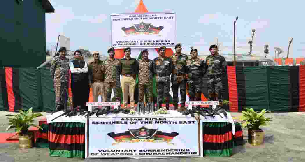 Illegal ams and ammunition surrendered by members of the Zomi and Kuki communities in Manipur to security forces.