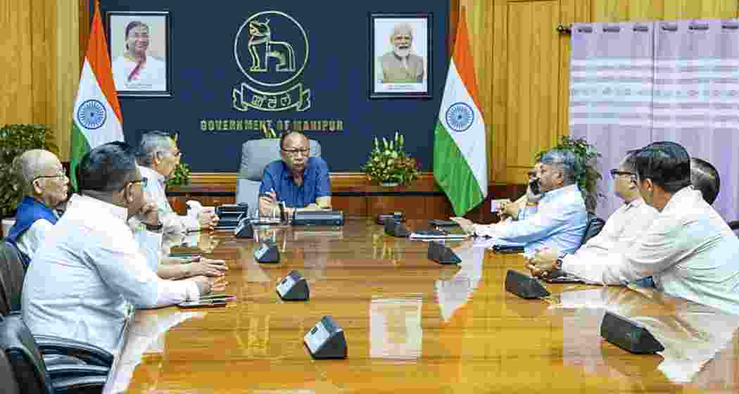 Manipur Chief Minister Yumnam Khemchand Singh chairs an all-party meeting attended by Home Minister K Govindas Singh, former Chief Minister O Ibobi Singh and other leaders, at the Secretariat, in Imphal. (@YKhemchandSingh/X via PTI Photo).