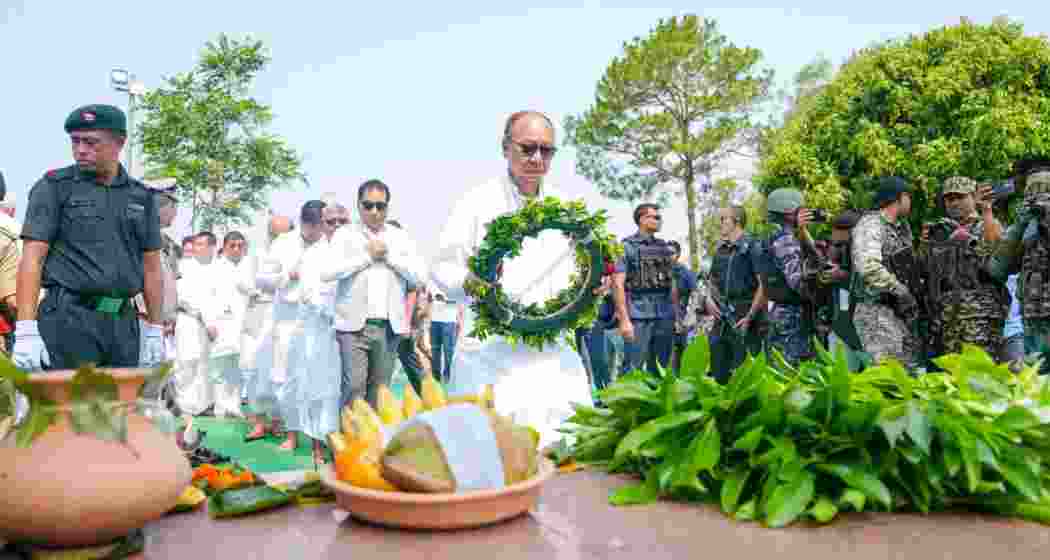 Manipur Chief Minister Yumnam Khemchand Singh leads tributes at Khongjom War Memorial in Thoubal on Thursday, laying wreaths and observing ceremonial honours on Khongjom Day to honour soldiers of the 1891 Anglo-Manipur War.