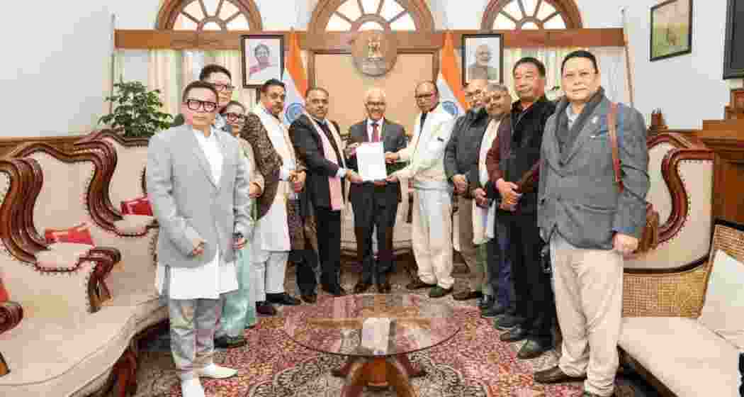 BJP Manipur Legislature Party leader Yumnam Khemchand Singh submits a claim to form a government in Manipur to Governor Ajay Kumar Bhalla at Raj Bhavan in Imphal.